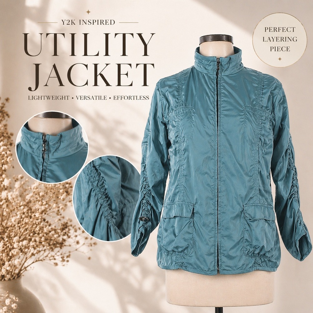 Chicos Teal Lightweight Zip-Up Utility Jacket |Windbreaker Style Casual Chic M‎